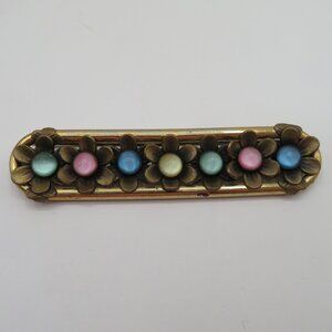 Vintage Neiger Brothers Czech Glass Cabochon Stone Floral Bar Brooch